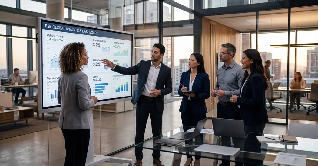 HubSpot CMS dashboard displaying B2B website analytics with integrated CRM data and lead generation metrics for growth platform evaluation