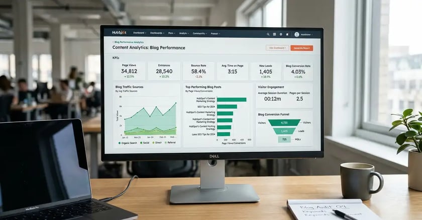 HubSpot content analytics showing blog performance, traffic sources, and conversion rates