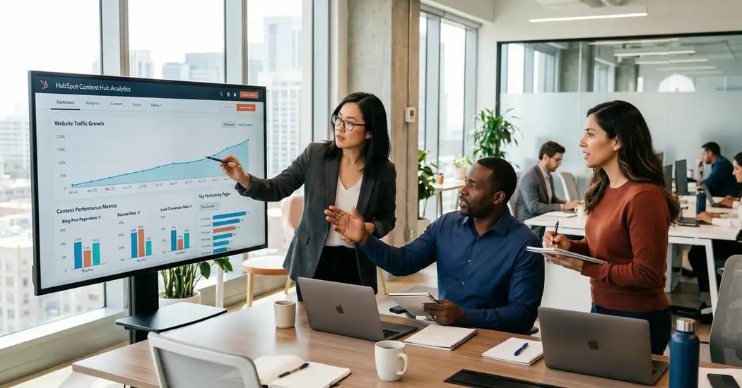 Professional B2B marketing team reviewing HubSpot Content Hub analytics dashboard showing website traffic growth and content performance metrics