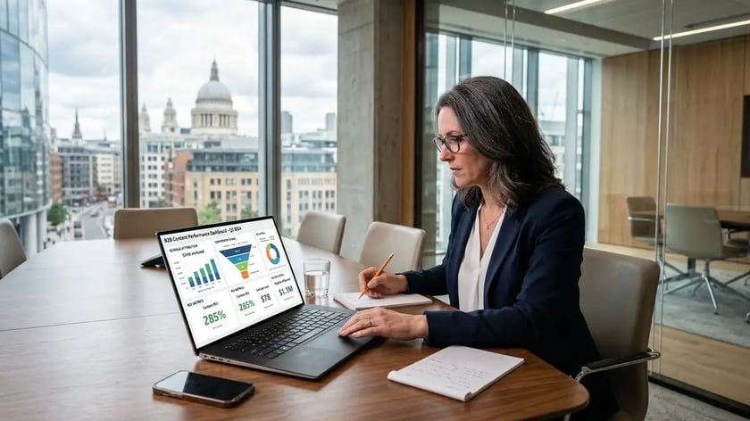 B2B executive reviewing HubSpot Content Hub revenue attribution dashboard showing conversion funnels and ROI metrics in conference room