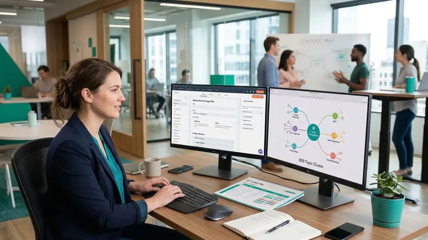 Diagram showing HubSpot topic cluster architecture with pillar page connected to cluster content pieces