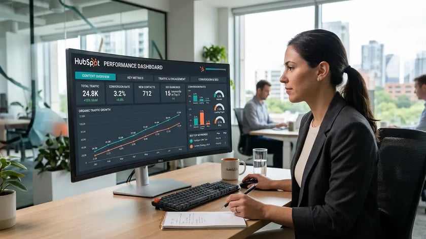 HubSpot analytics dashboard displaying content performance metrics including organic traffic and conversion rates