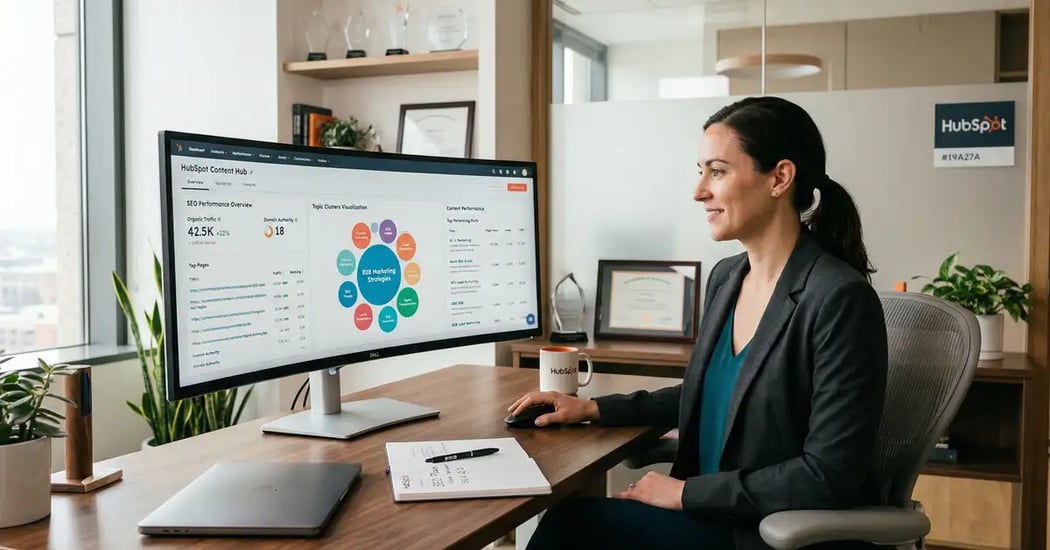 HubSpot content strategy dashboard showing topic clusters, SEO analytics, and content performance metrics for B2B growth
