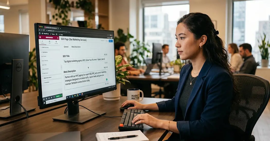 Professional marketer optimizing webpage meta title and description fields in HubSpot CMS for on-page SEO