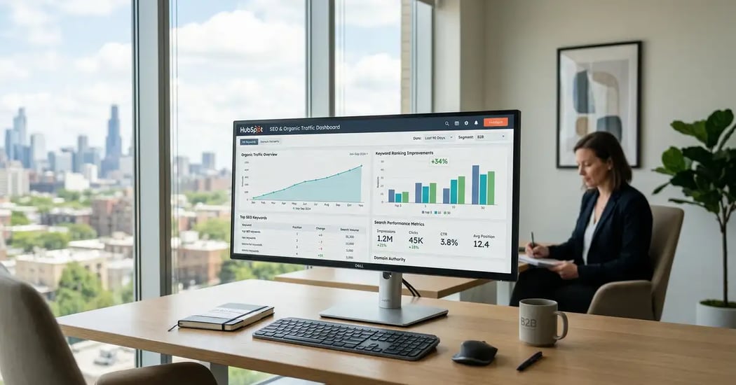 HubSpot SEO dashboard showing integrated search optimization tools for B2B content strategy and topic cluster management