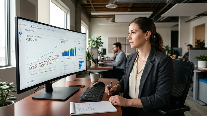 Marketing analyst studying traffic analytics dashboard showing organic search growth trends and performance metrics