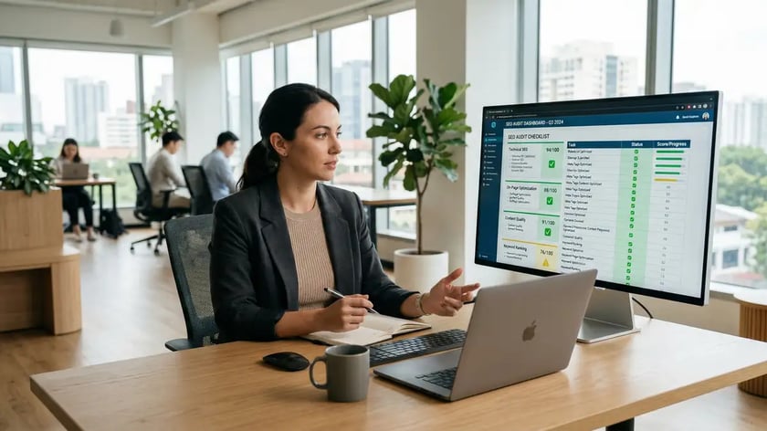 Digital marketer reviewing HubSpot SEO audit checklist with green checkmarks and optimization scores on monitor
