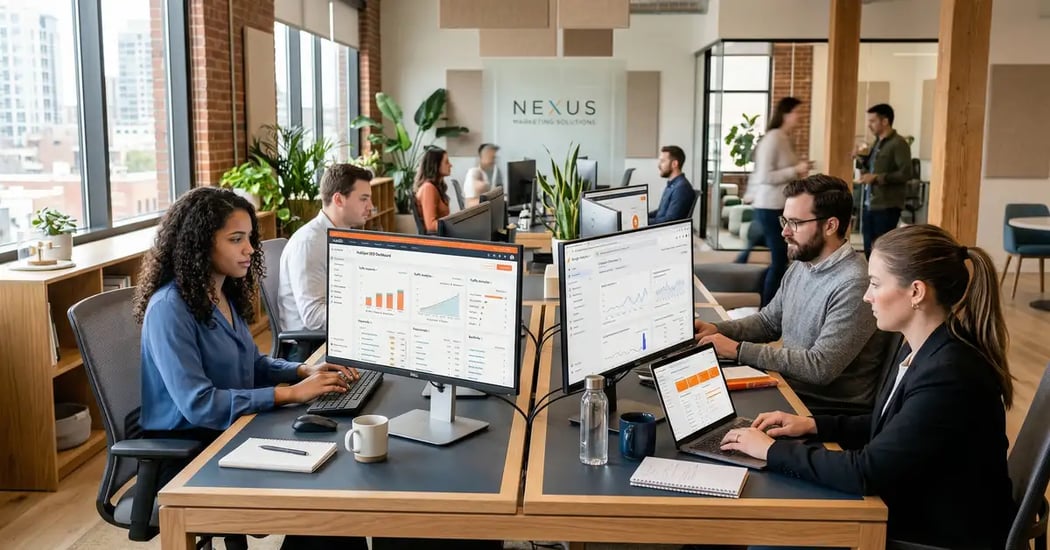 Modern marketing workspace with multiple screens displaying HubSpot SEO dashboards and analytics tools