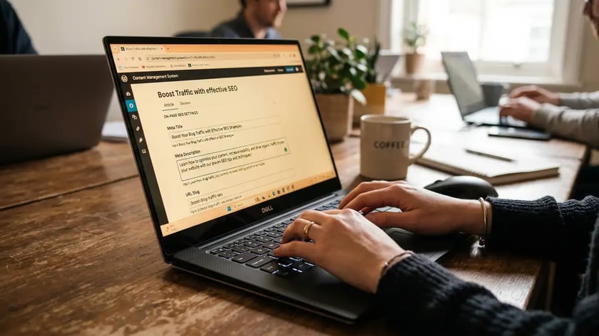 Marketer editing on-page SEO settings including meta title and description fields in HubSpot CMS editor