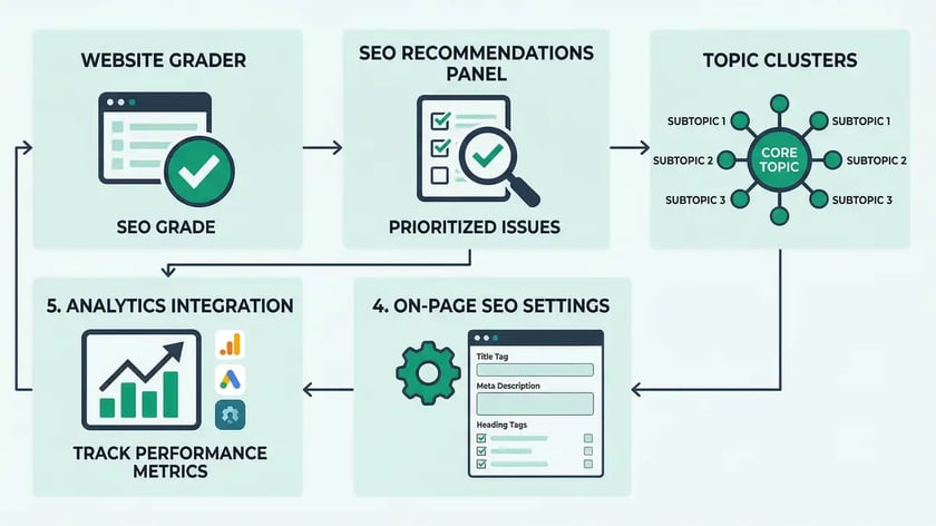 Infographic showing HubSpot SEO tool stack workflow with SEO Recommendations, Topic Clusters, On-Page Settings, Analytics, and Website Grader connected in peppereffect brand colors