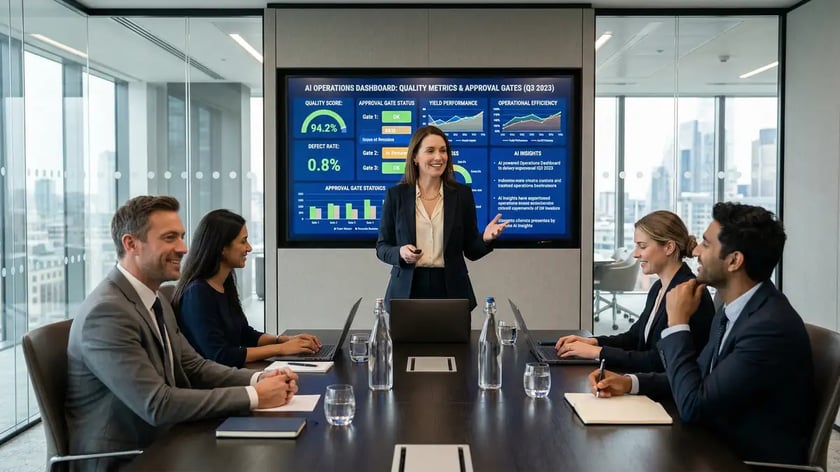 Female executive presenting AI operations dashboard with quality metrics and approval gates to impressed clients in boardroom