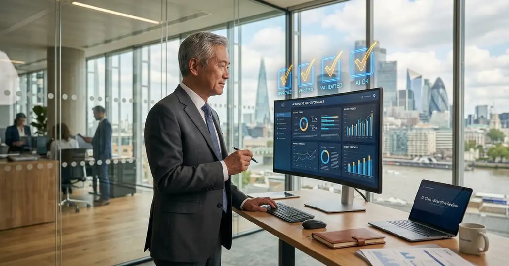 Senior business executive reviewing AI-generated reports with holographic approval checkmarks in modern glass-walled office