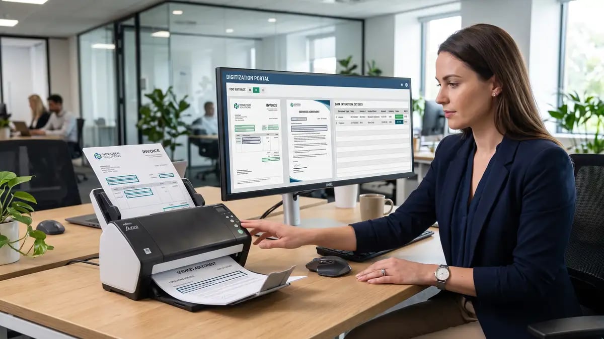 An invoice and a contract being digitised with data fields extracted into a structured table