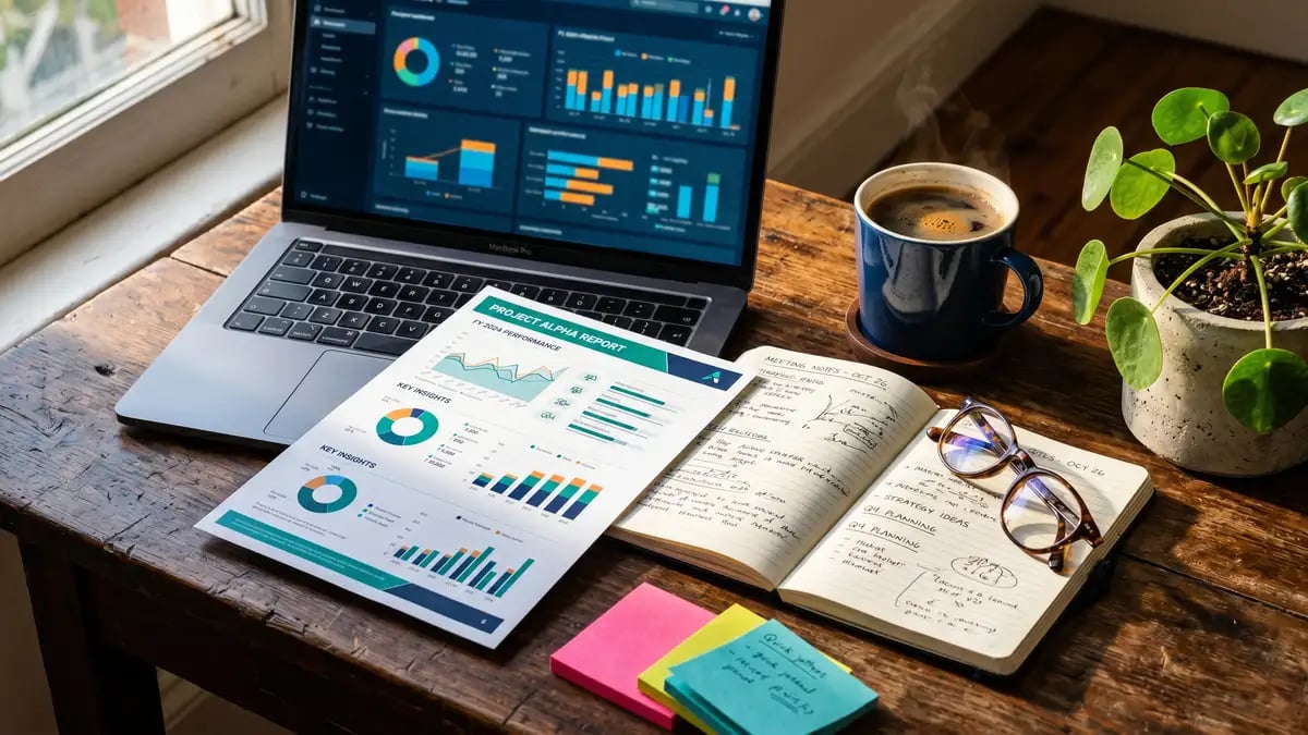 A desk with an open laptop beside a printed dashboard report, representing the gap between rising impressions and falling clicks