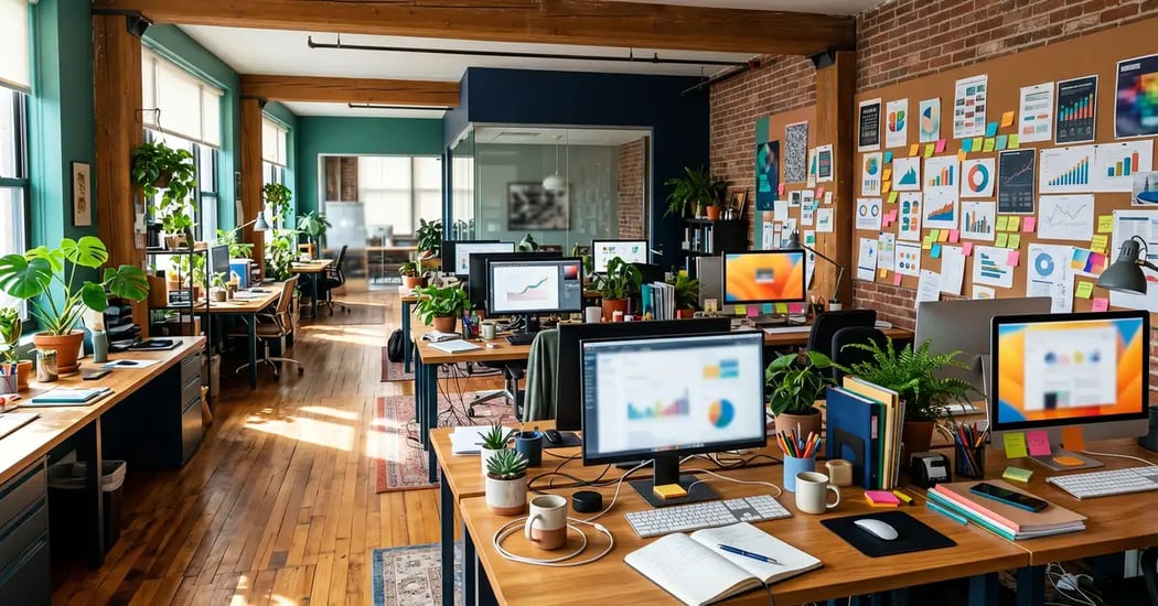 A busy modern marketing office with charts and dashboards, representing B2B teams decoding the impressions-clicks gap
