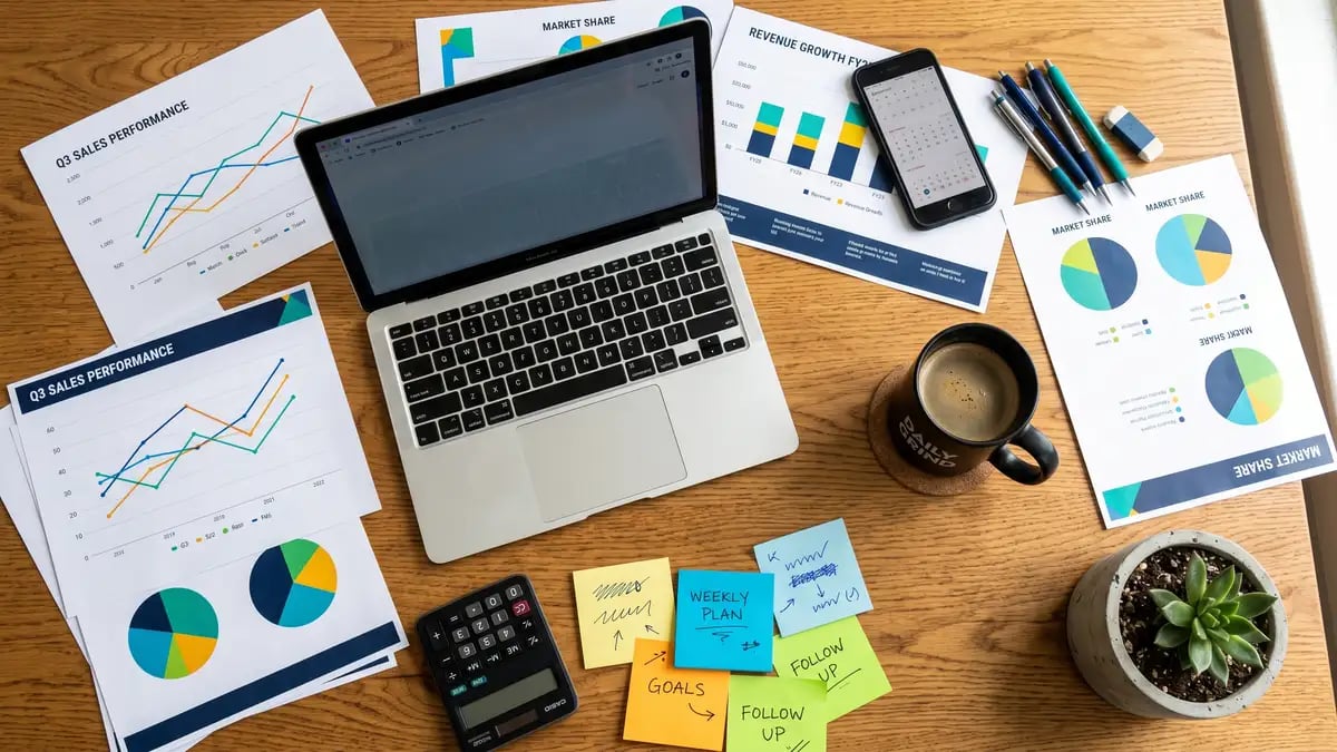 An overhead view of printed charts and graphs on a desk, illustrating impressions rising while clicks decline