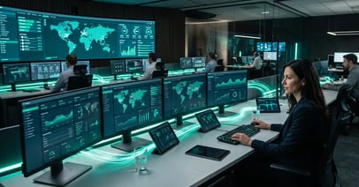 Modern B2B operations command center with multiple software tools connected by glowing data streams, representing an integration strategy that unifies the tech stack