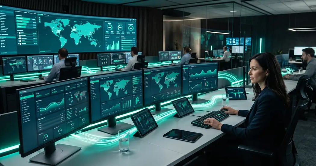 Modern B2B operations command center with multiple software tools connected by glowing data streams, representing an integration strategy that unifies the tech stack