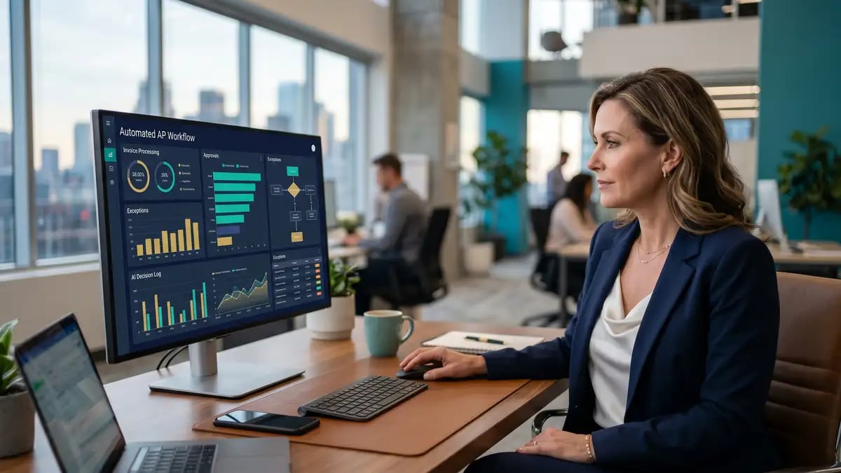 A finance leader reviewing an automated accounts payable workflow where AI handles approvals and exceptions