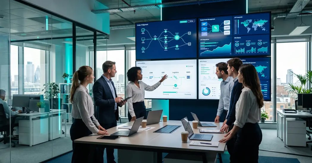 A B2B operations team watching an intelligent automation system orchestrate work across connected business systems