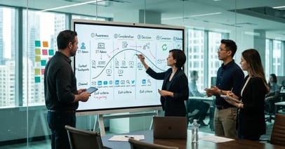 B2B SaaS marketing and revenue ops team in modern boardroom mapping a buyer journey on interactive whiteboard with five-stage arc and persona archetypes