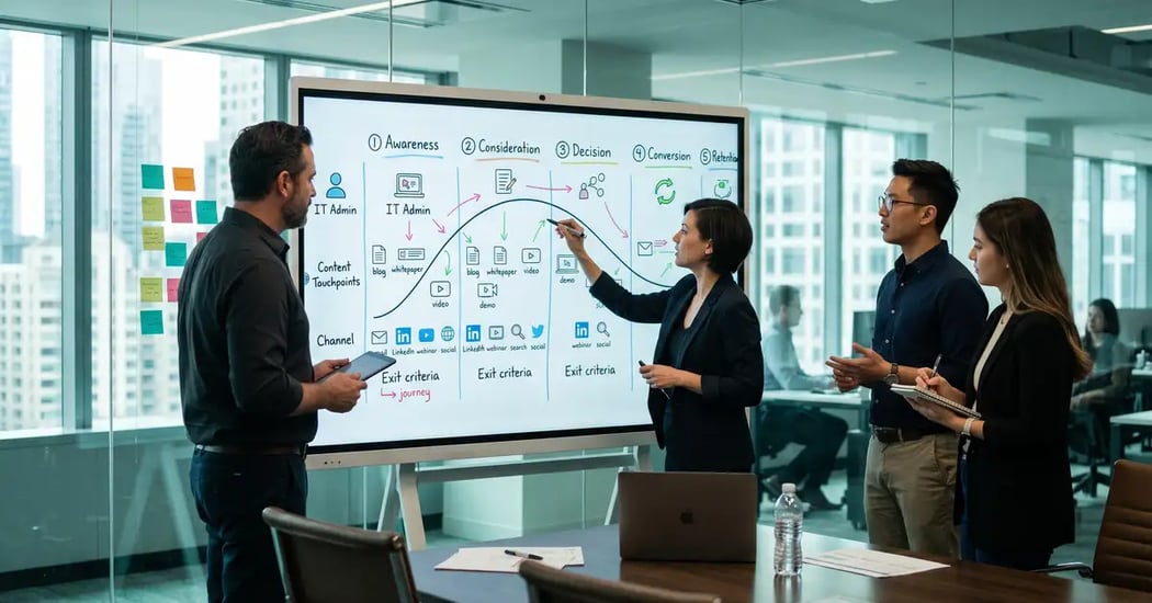 B2B SaaS marketing and revenue ops team in modern boardroom mapping a buyer journey on interactive whiteboard with five-stage arc and persona archetypes