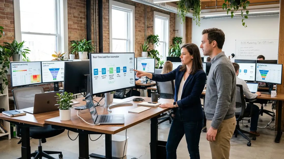 B2B marketing operations team collaborating on automated lead scoring and CRM pipeline automation workflows