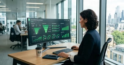 B2B executive reviewing automated lead generation pipeline dashboard with conversion metrics and workflow indicators