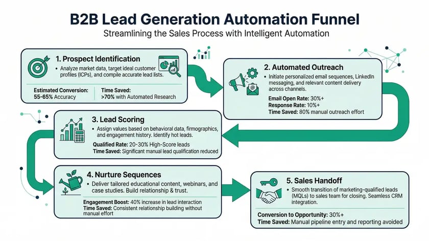 Infographic showing B2B lead generation automation funnel stages with conversion percentages and time saved at each step