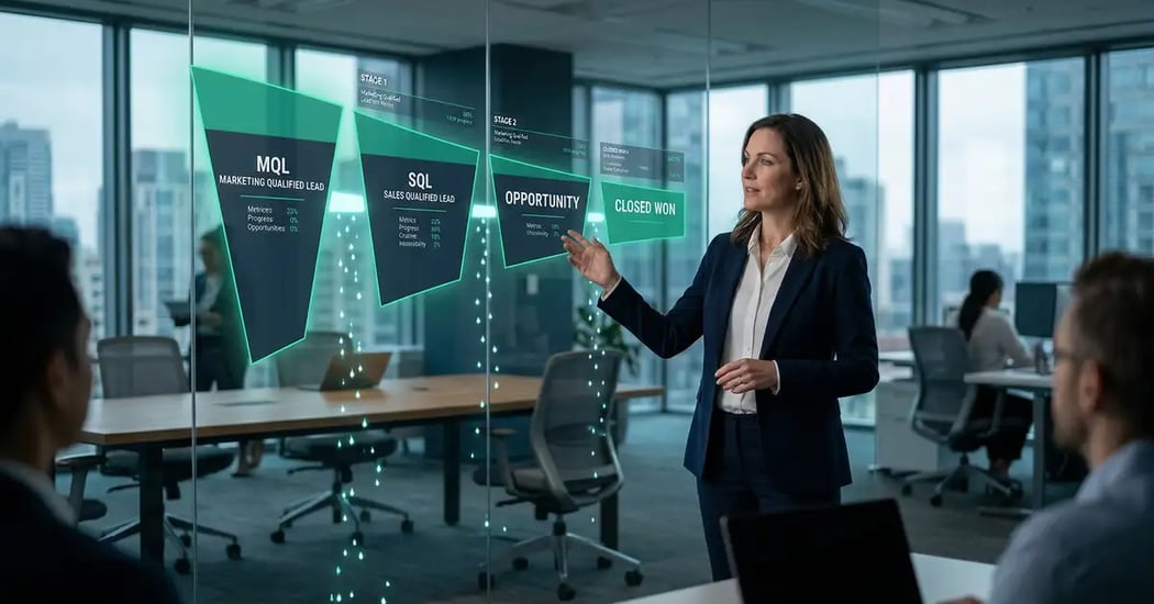 B2B revenue leader analysing a leaking sales pipeline with stage-by-stage conversion drop-offs from inquiry to closed deal