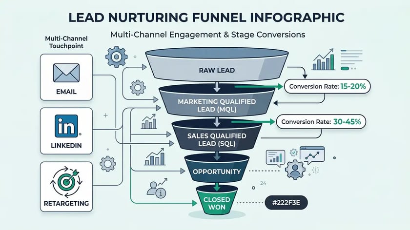 B2B lead nurturing engine infographic showing five-step implementation framework with scoring models, multi-channel sequences, and AI optimization