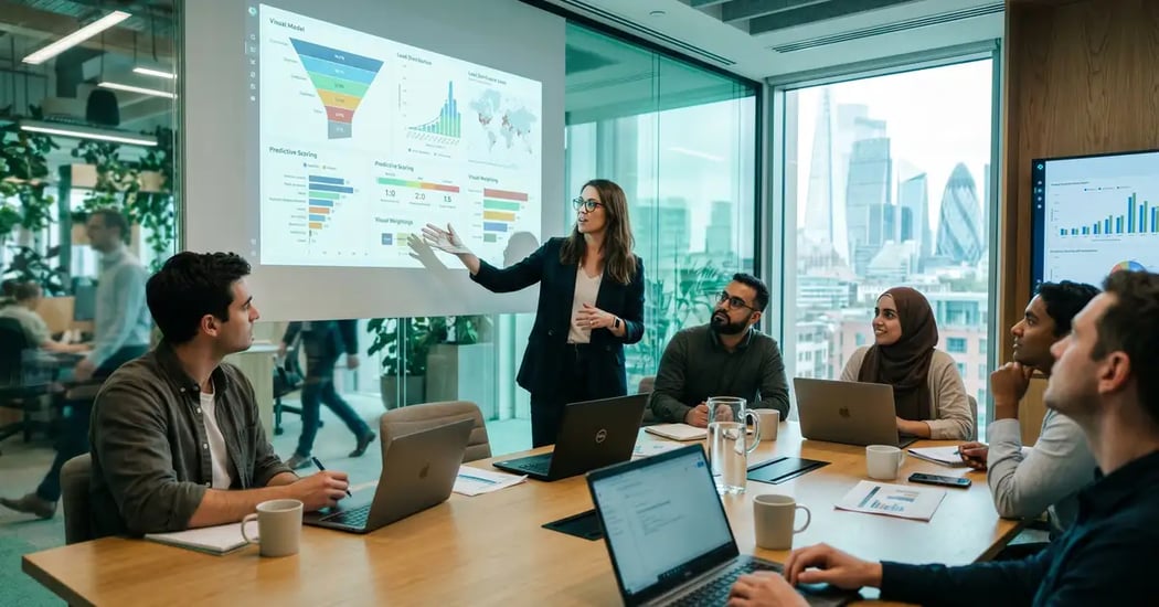 B2B SaaS revenue operations team reviewing a lead scoring dashboard with MQL-to-SQL conversion funnels and predictive scoring distributions