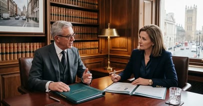 Senior law firm partner search consultation in a wood-paneled conference room with two professionals reviewing a candidate dossier and lateral partner guarantee schedule