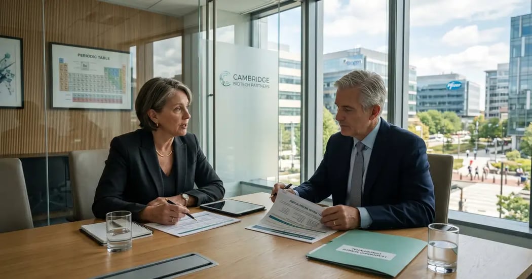 Senior pharma and biotech executive search consultation in a Cambridge biotech headquarters conference room reviewing clinical pipeline and equity vesting schedule