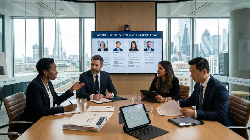 Executive search team in glass-walled conference room discussing candidate shortlists and retained search strategy