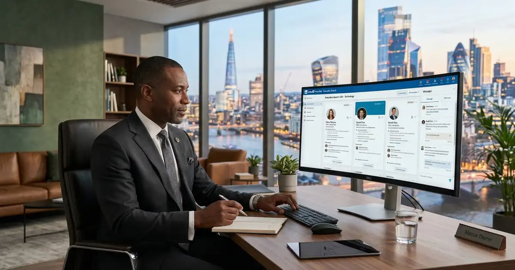 Executive recruiter in modern high-rise office reviewing LinkedIn executive search candidate profiles on curved monitor