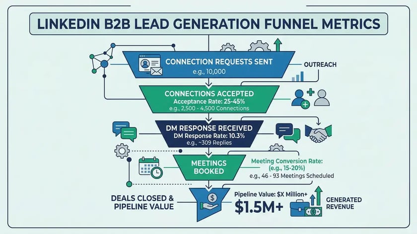 LinkedIn B2B lead generation performance infographic showing connection acceptance rates, InMail response benchmarks, and pipeline conversion metrics