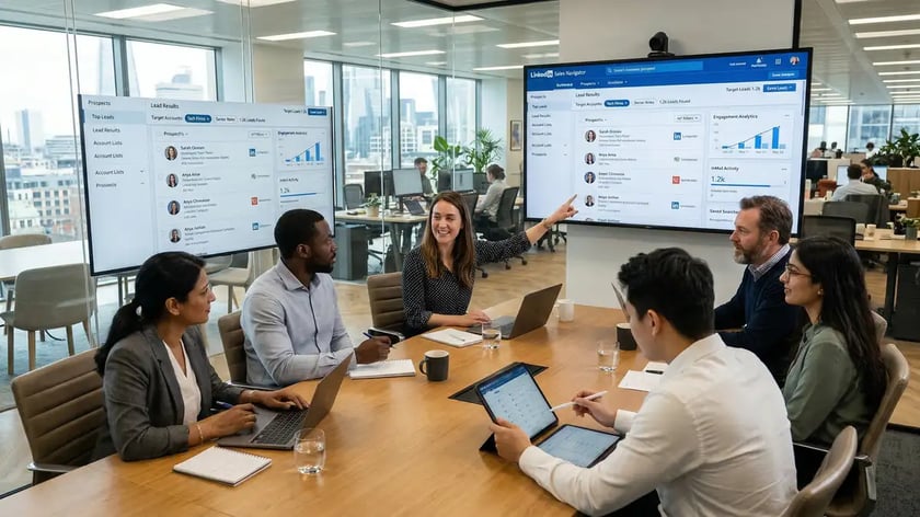 B2B sales team reviewing LinkedIn Sales Navigator lead generation strategy in a modern office