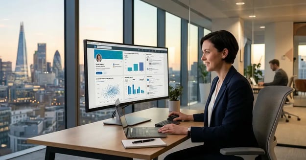 LinkedIn lead generation for B2B: executive using LinkedIn Sales Navigator for systematic lead generation in a modern office