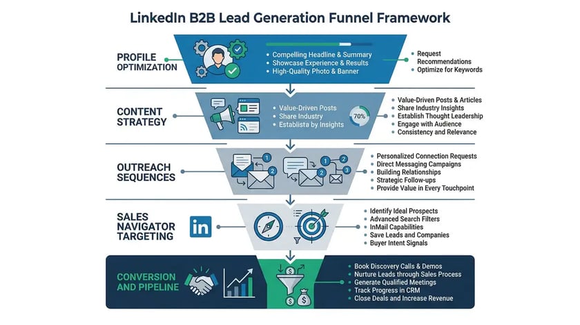 Infographic showing LinkedIn B2B lead generation funnel framework from profile optimization to pipeline conversion