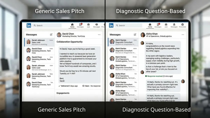 Side-by-side comparison of generic LinkedIn sales pitch message with low engagement versus diagnostic question-based outreach with high response rates