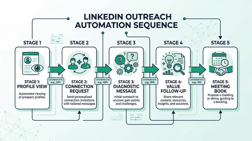 Architectural infographic showing five-stage LinkedIn outreach automation sequence from profile view to meeting booking with conversion rates at each stage