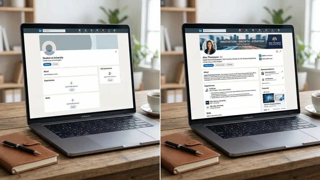 LinkedIn profile optimization before and after comparison showing B2B conversion improvements