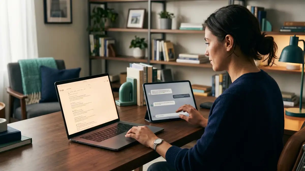 A marketer comparing a traditional search results page against an AI chatbot answer
