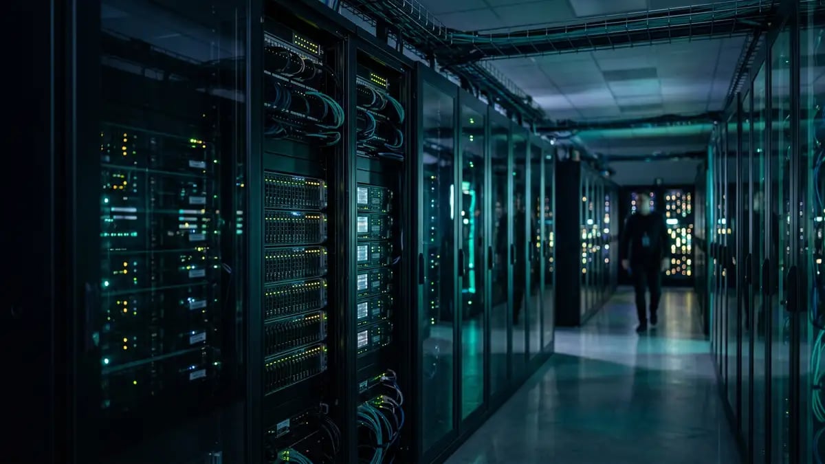 A data center corridor representing large language model retrieval infrastructure
