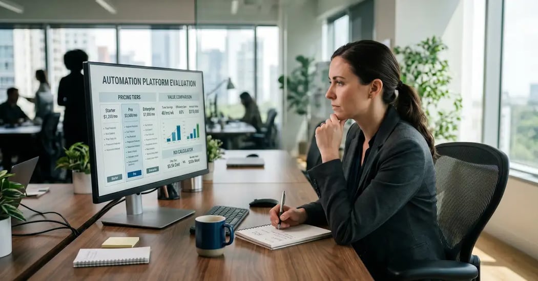 B2B operations leader weighing Make.com cost against value on a monitor, evaluating operation-based pricing tiers