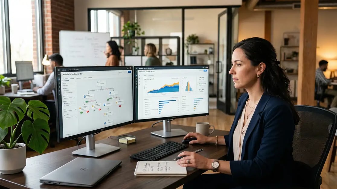 Marketing operations director comparing marketing automation platform features on dual monitors showing email workflow builder and lead scoring models
