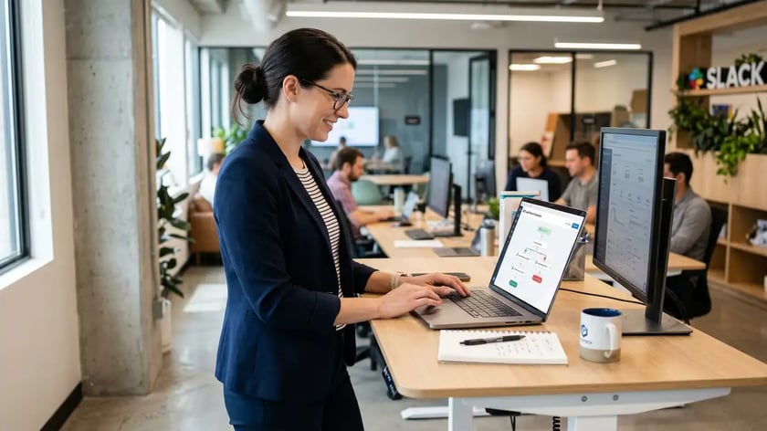 B2B marketing manager building automated email nurture sequence with drag-and-drop workflow editor on laptop