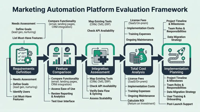 Infographic showing marketing automation platform evaluation framework with five decision stages from requirements to implementation planning using peppereffect brand colors