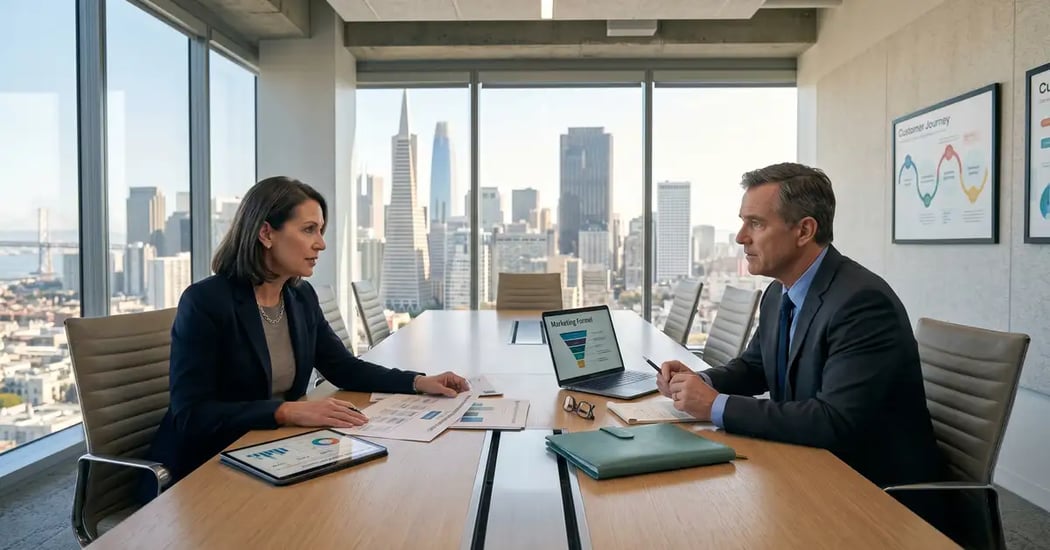 Senior CMO and marketing leadership search consultation in a San Francisco SaaS company headquarters conference room reviewing CMO performance dashboard and marketing org chart